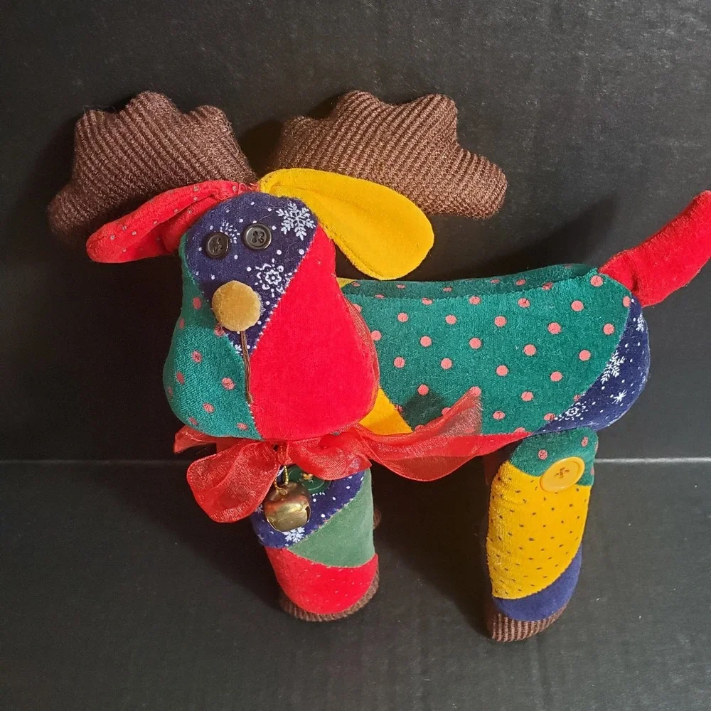 Sun Point Co Moose Plush‎ Whimsical Patchwork Reindeer Decorative Plush w/Bell